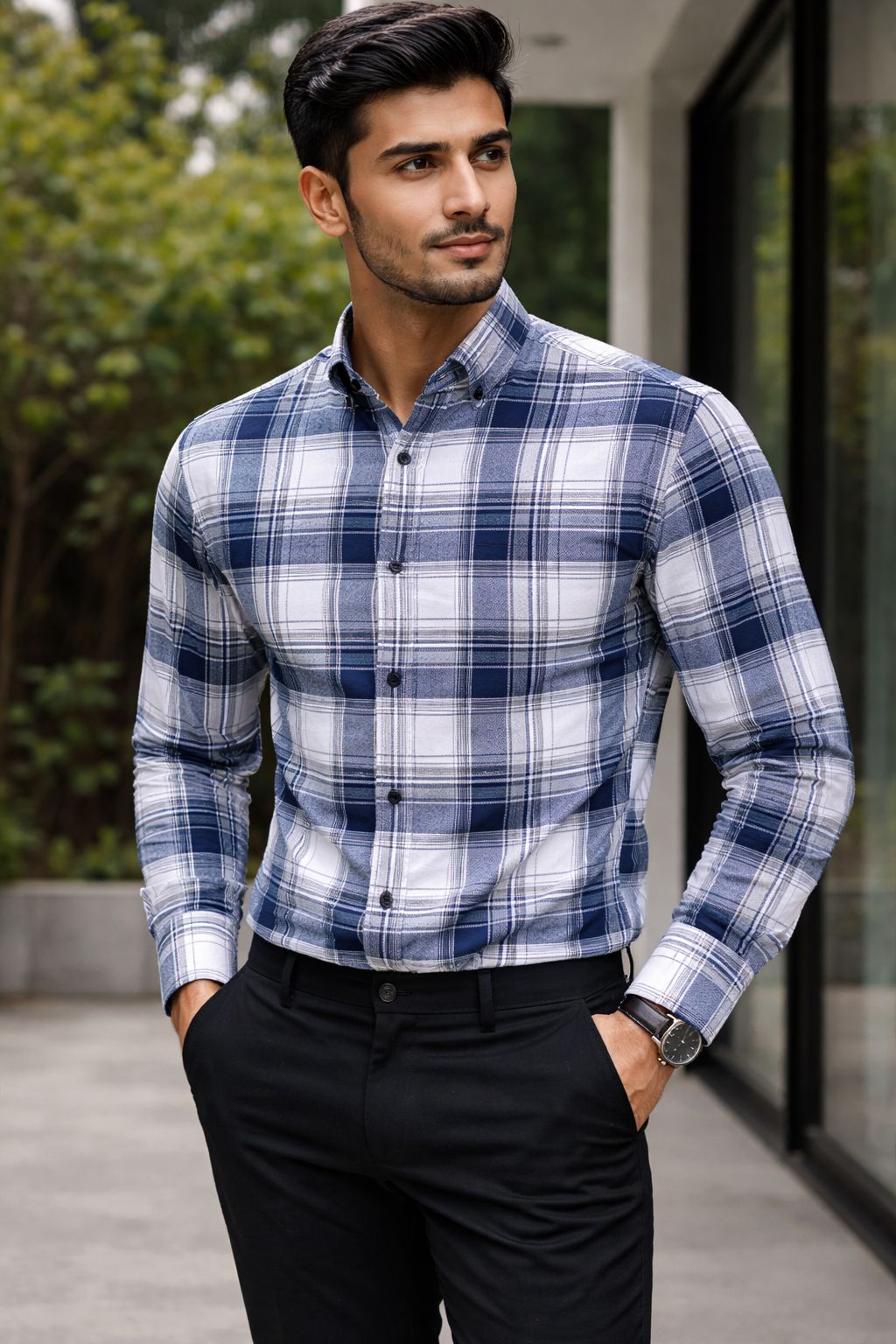Men's Slim Fit Blue Check Shirt