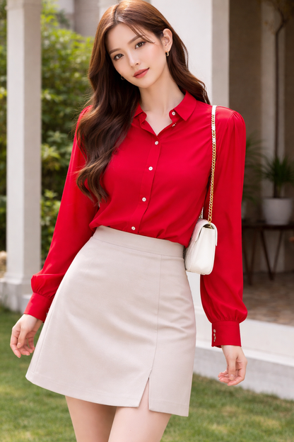 “Ruby Ruffle Button-Up shirt